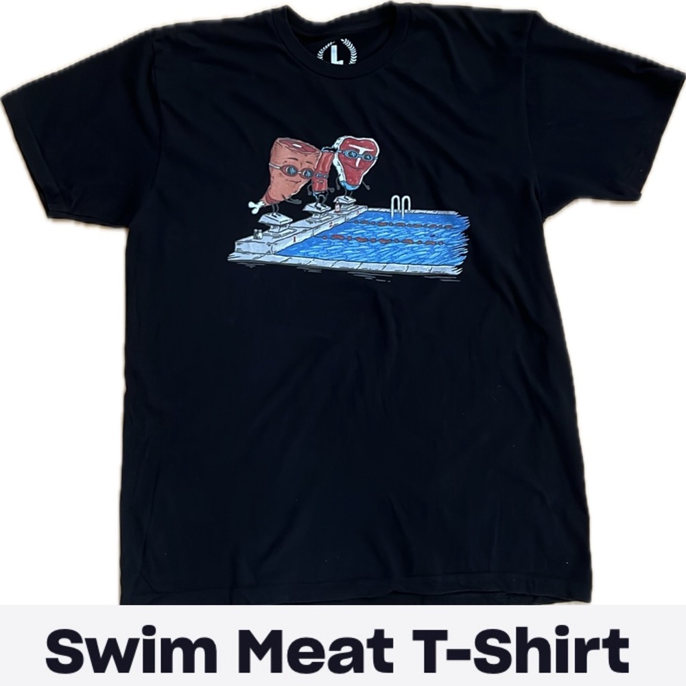 🥩”Swim Meat” Play On Words Unisex T-Shirt | FUNNY SWIM MEET Tee | Men’s Large